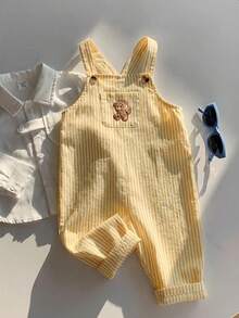 SHEIN 男婴休闲可爱百搭条纹卡通熊图案围兜连体衣 - 黃色 - 查看 7