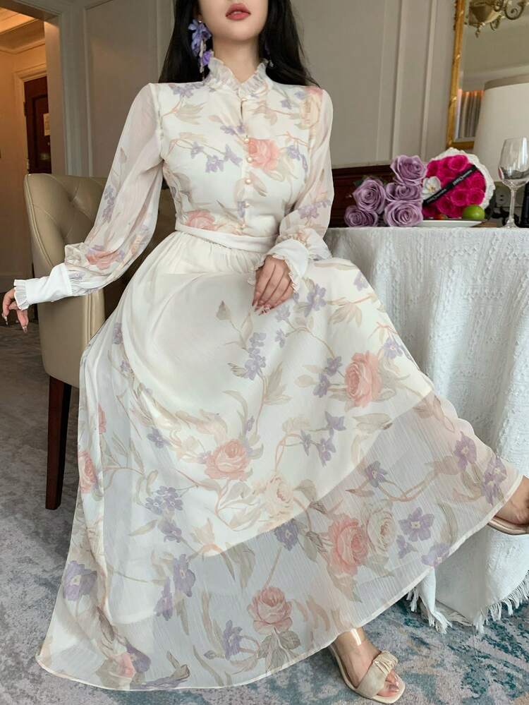 Women's Floral Print Elegant Dress With Stand Collar Sundress