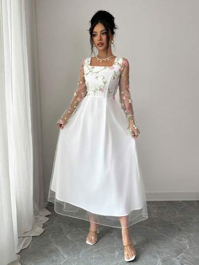 SHEIN Elenzya Women's 2026 Spring/Summer New White Mesh Patchwork Embroidered Pink Peach Blossom Floral A-Line Waist Square Neck Elegant Romantic Long Sleeve Mid-Length Dress, Suitable For Women's Wedding, Party, Formal Evening, Wedding, School/Graduation Season (Random Ditsy Floral)