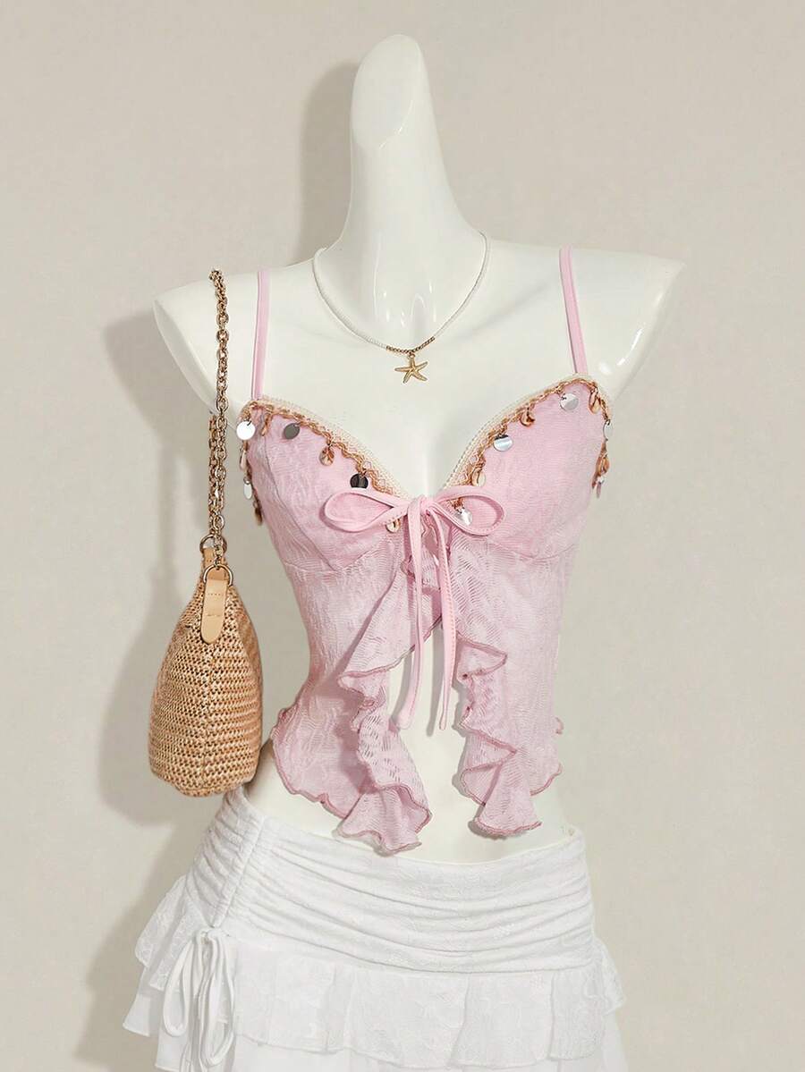 SHEIN ICON Áo hai dây buộc eo, xẻ tà, chất liệu jacquard có họa tiết. - Màu tím hoa cà - Xem 1
