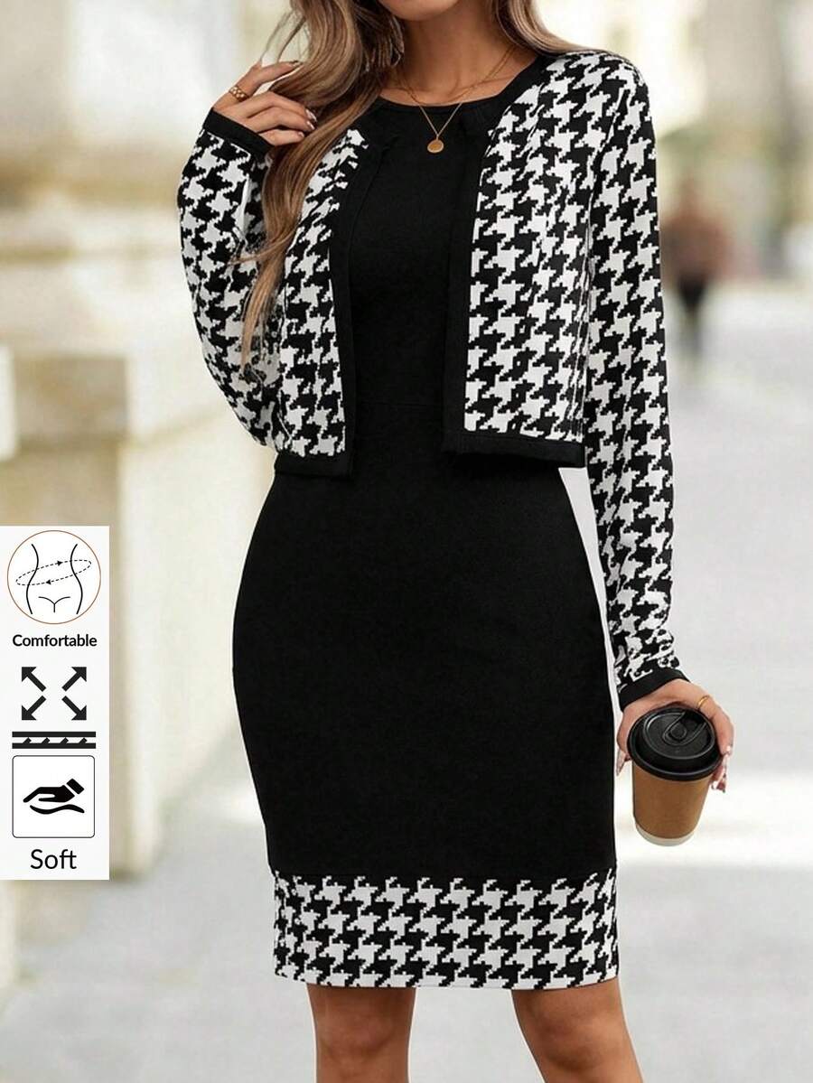 Editum Conjunto de 2 piezas de chaqueta y vestido de mujer con estampado de pata de gallo, apropiado para ir al trabajo y salir en invierno, conjunto de 2 piezas para mujeres en otoño - Blanco y Negro - Ver 1
