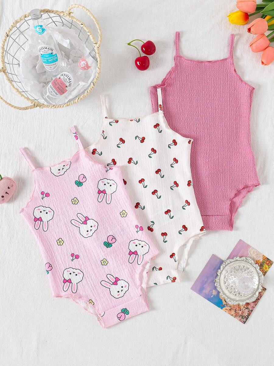 SHEIN Playful Pals 3pcs Baby Girls' Comfortable Versatile Minimalist Solid Color Knit Camisole Romper Set, Spring/Summer - Multicolor - View 1