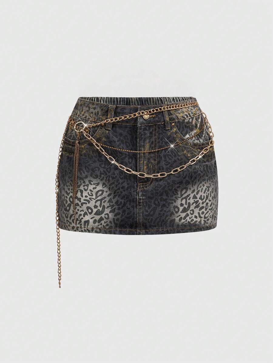 ROMWE Grunge Punk Minifalda de mezclilla con cadena de cristales de estilo metalizado y estampado de leopardo para tallas grandes Y2K - Gris Oscuro - Ver 1