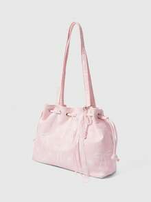 ROMWE Fairycore Sweet Lace Pearl Bow Tote Bag, Pink Striped Soft Girl Shoulder Bag, College Student Class Commute Bag - Pink bow - View 2