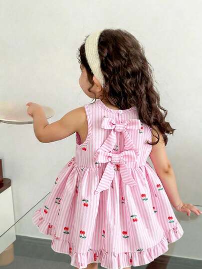 Souflis Souflis 女婴夏季条纹连衣裙，柔和渐变色营造甜美氛围，经典条纹图案简约时尚，背部蝴蝶结装饰俏皮吸睛，宽松舒适，适合户外散步、居家休闲、亲子出游、派对等各种欢乐场合。