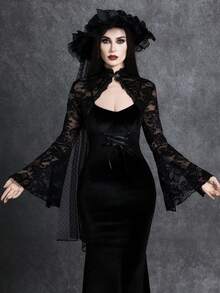 Glisette Dark-Colored Lace-Up Fitted Patchwork Maxi Dress With Lace Bell Sleeve Top - Black - View 2