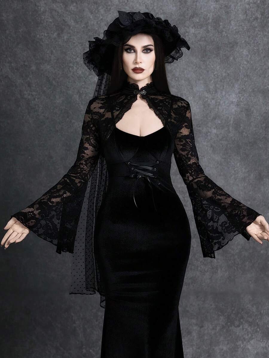 Glisette Dark-Colored Lace-Up Fitted Patchwork Maxi Dress With Lace Bell Sleeve Top