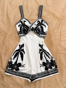 Soleia Mono sin mangas con estampado de palmeras y diseño calado para mujer, ideal para vacaciones - Blanco y Negro - Ver 5