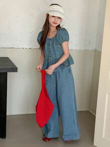 DAZY 少女休闲度假日常通勤圆领泡泡袖荷叶边牛仔上衣和阔腿牛仔裤套装，春夏款 - 藍色 - 查看 2