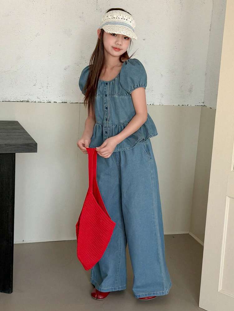 Tween Girl Casual Vacation Everyday Commute Scoop Neck Puff Sleeve Peplum Denim Top & Wide Leg Jeans Set, Spring/Summer