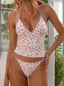 Swim Mod 女士夏季度假休闲沙滩装碎花两件套，包括吊带背心、系带比基尼上衣和条纹系带泳衣 - 彩色 - 查看 1