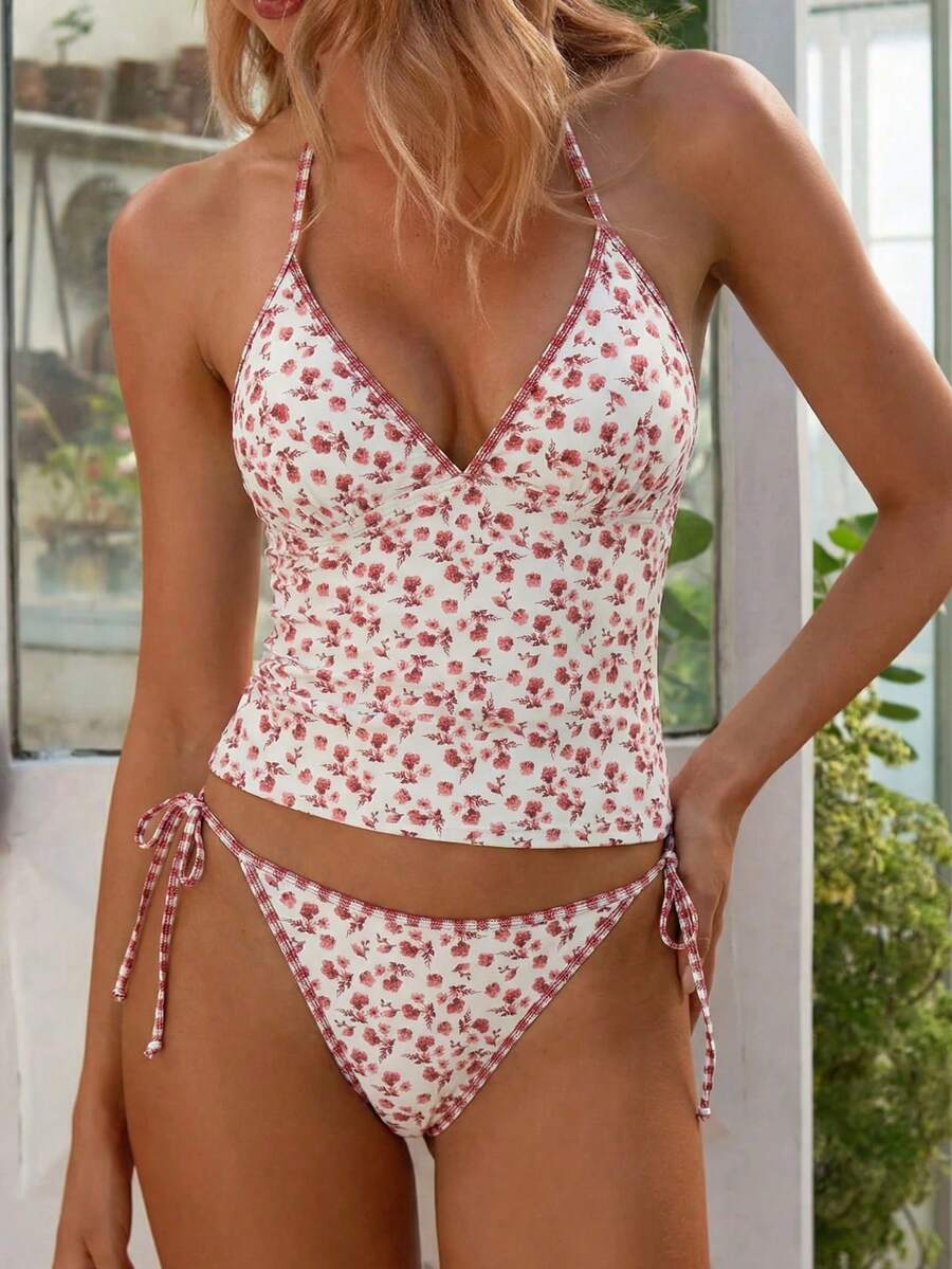 Swim Mod 女士夏季度假休闲沙滩装碎花两件套，包括吊带背心、系带比基尼上衣和条纹系带泳衣 - 彩色 - 查看 1