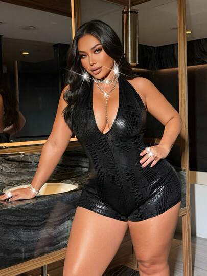 NU&NOW Plus Size Sexy Bodycon Deep V Snakeskin Lace-Up Backless Sleeveless Short Jumpsuit, Party Atmosphere Outfit, Suitable For Holidays, Parties, Nightclubs Curve Bodysuit Black Body Suit Metallic Bodysuit Black Bodysuit Black Sexy Outfit Plus Size Body Suit Plus Size Shorts Set Bodysuits For Women Plus Black Swimsuit Plus Size Plus Size Bodysuit
