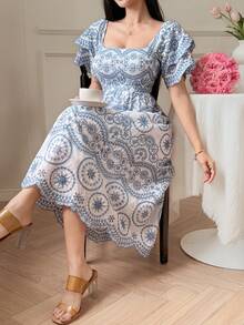 DAZY 女士优雅印花褶皱荷叶边中长连衣裙，夏季婚礼宾客礼服，女士吊带裙 - 藍色 - 查看 5