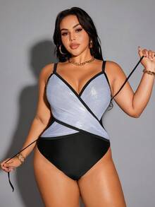 Plus Size Women Patchwork One-Piece Swimsuit, Casual Beach & Pool Wear - Black and White - View 3