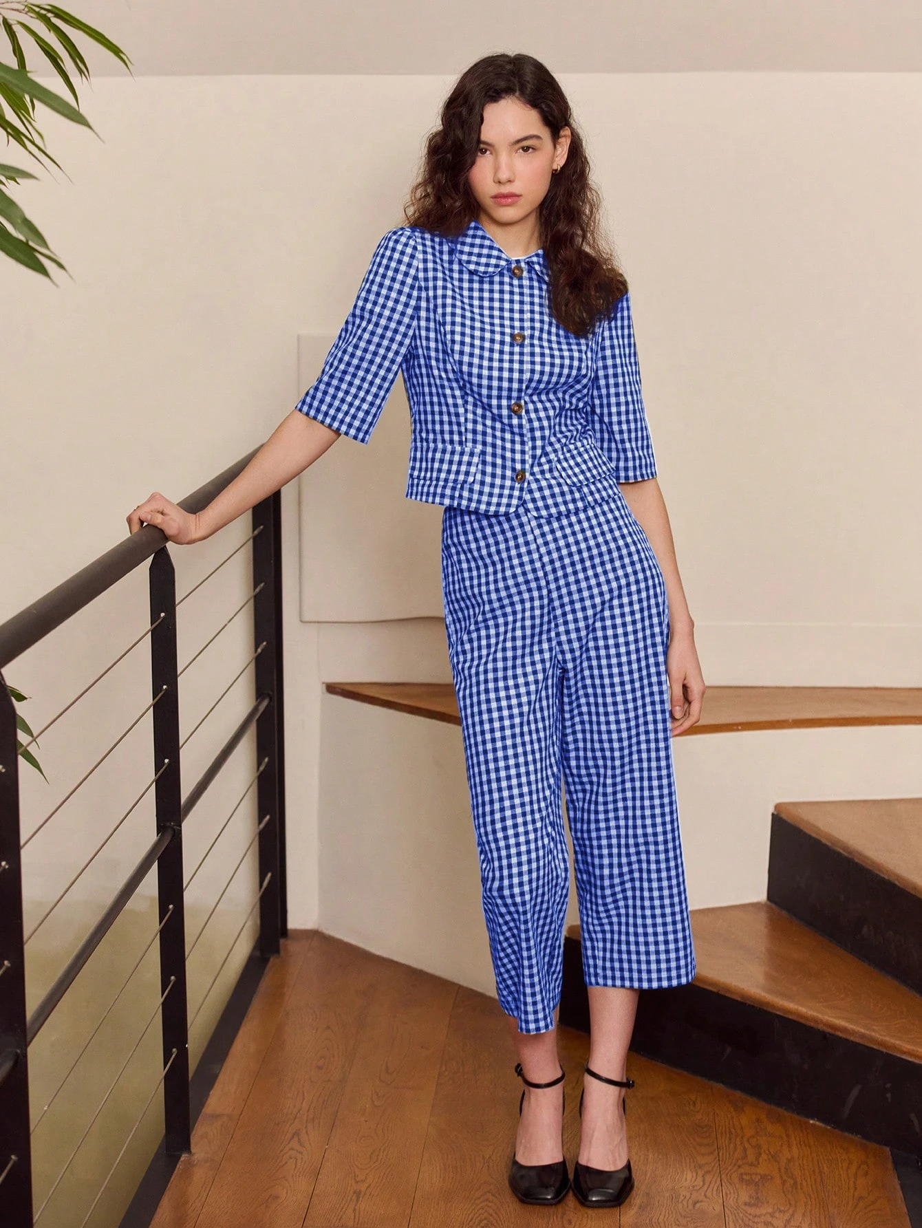 Grüne Gingham Knopf-Jacke mit kurzen Ärmeln und gerundetem Kragen, süßer Vintage-Stil