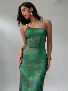 Aloruh Đầm nữ không tay ôm dáng, in họa tiết nhuộm tie-dye, thời trang. - màu xanh lá - Xem 4