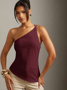 Hauture Sexy Summer Office Casual Simple Solid Asymmetrical One Shoulder Hem Tank Top - Burgundy - View 1
