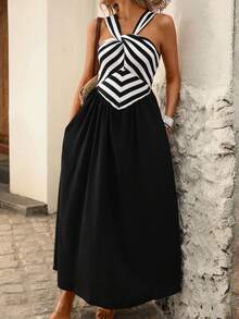 Brillora 女士休闲条纹拼接露背中长连衣裙，适合度假 - 黑色 - 查看 3