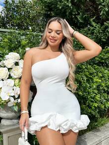 SHEIN SXY 大码纯色简约休闲不对称肩连衣裙 - 白色 - 查看 2