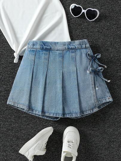 SHEIN ChillGRL 少女休闲复古水洗蓝阔腿裤，侧边蝴蝶结系带，褶裥设计，舒适腰带，百搭牛仔阔腿裤，新品上市