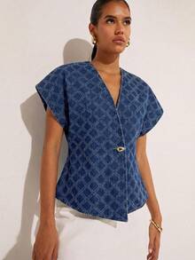 COSMINA Women's Elegant V-Neck Cinched Waist Drop Shoulder Jacquard Denim Blouse, Suitable For Commuting, Office, And Everyday Wear In Early Spring,  Tops For Women,  Ladies Smart Tops,  New Arrivals Tops Women,  Tops To Wear With Jeans Women,  Blouses For Women - Medium Wash - View 5