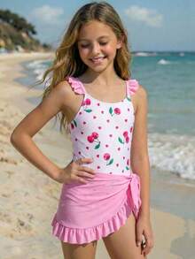 SHEIN Girls' Cute Cherry Heart Print Frill Sleeve One-Piece Swimsuit With Mesh Cover-Up, 2pcs Set, Pink - Pink - View 7