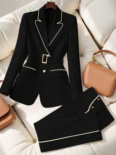 GlowEve CURVE Plus Size Women Patchwork Elegant Blazer + Straight Leg Pants, Business/Commute