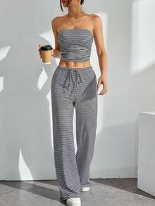 SHEIN PETITE 女士度假条纹抹胸上衣和系带阔腿裤两件套 - 黑色 - 查看 5