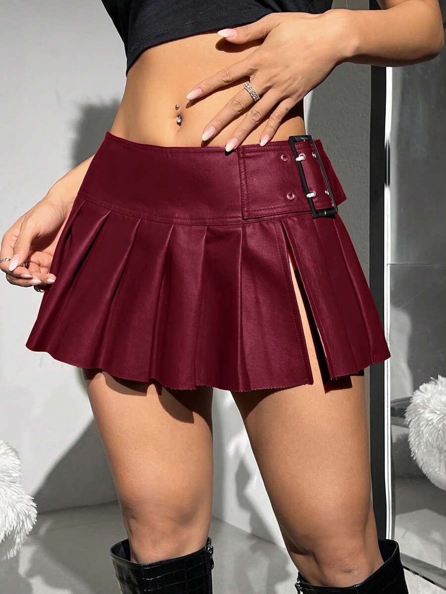 SHEIN ICON Y2K黑色90年代低腰带扣褶裥裙 - 中紫紅色 - 查看 1
