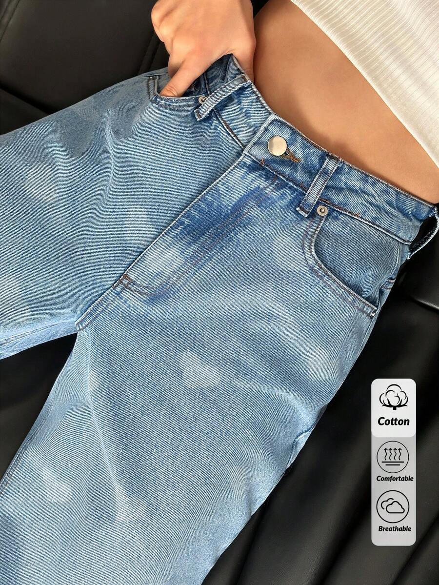SHEIN 夏季休闲水洗心形喇叭牛仔裤 - 中等水洗藍 - 查看 1