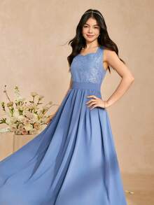 SHEIN 少女撞色蕾丝方领无袖优雅派对连衣裙 - 水鴨藍 - 查看 5