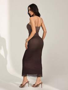 SHEIN PETITE 美式渐变网纱无肩带紧身连衣裙，女士夏季连衣裙，茶会连衣裙 - 淺灰色 - 查看 2