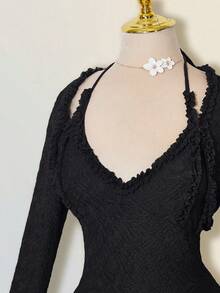 SHEIN ICON 针织提花层叠荷叶边吊带裙和吊带背心套装 - 黑色 - 查看 8