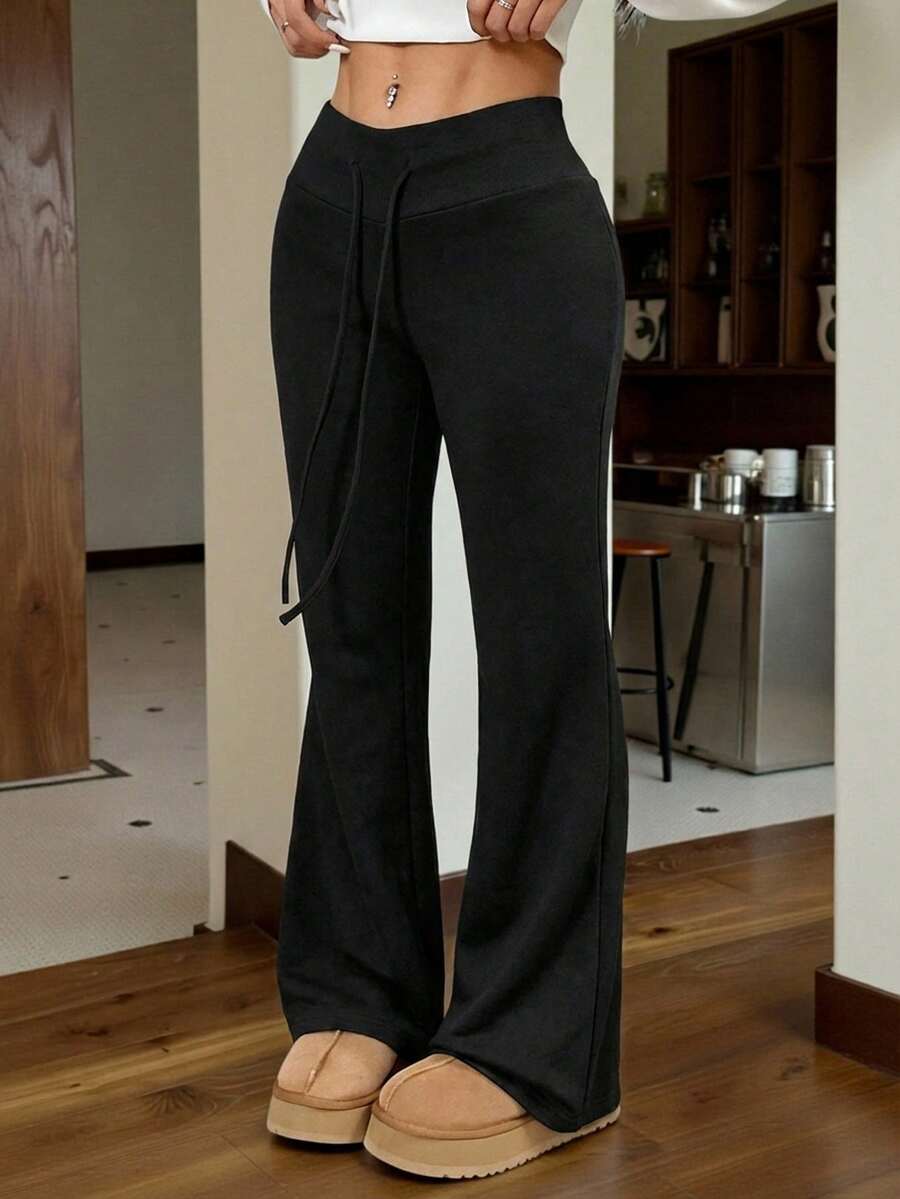 SHEIN EZwear Quần ống loe dệt kim tối giản màu đen dành cho nữ, có dây rút ở eo. - màu đen - Xem 1