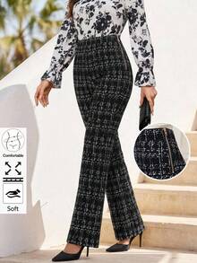 SHEIN Clasi Women's Plaid Flare Pants Black And White Checkered,Summer,Elegant,Office High Waist Tweed Trousers For Business Casual,Commute,Work & Tall Suit Pants - Black and White - View 10