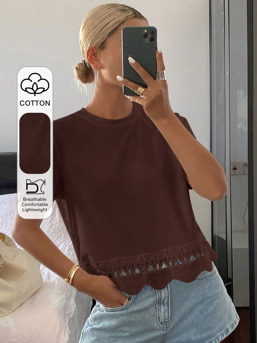 DAZY Women's Solid Color Fitted Round Neck Short Sleeve Lace Patchwork Casual Summer Top T-Shirt - Brown - View 1