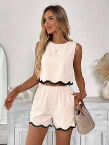 Easowa Damen Lässig einfarbiges Rüschenbesatz besticktes Blumen-Ärmelloses Top und Shorts 2-Teiliges Set, geeignet für Sommerurlaub und Alltagstragen - Khaki - Übersicht 4