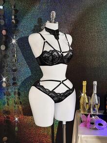 2pcs Black Lace Rivet Choker Sexy Lingerie Set - Black - View 6