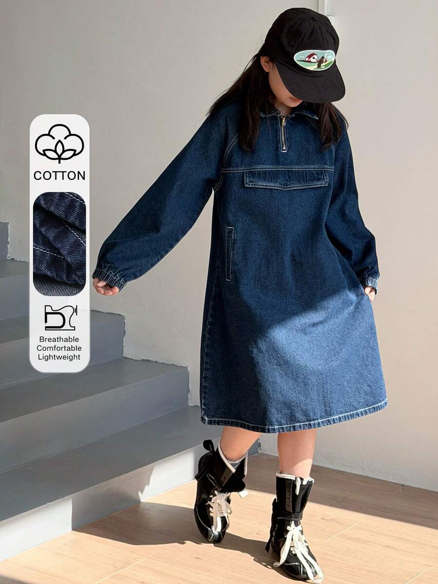 DAZY 女童牛仔领长袖连衣裙 - 藍色 - 查看 1