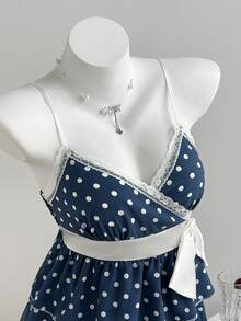 Elamini Camiseta de tirantes ajustada con volantes multicapa, contraste de encaje y lunares, ideal para el verano - Neblina azul - Ver 3