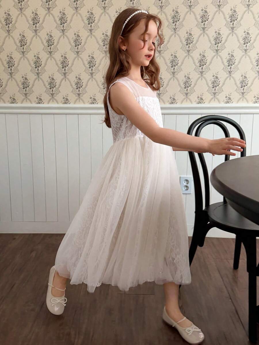 DAZY 女童蕾丝边圆领无袖连衣裙，秋季装扮 - 白色 - 查看 1