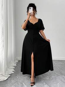 Elenzga Plus Size Women's Solid Color Sweetheart Neck Ruffle Hem Elegant Dress - Black - View 5