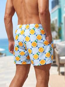 Manfinity Swimmode 男士夏季度假格子橙色印花抽绳腰宽松沙滩短裤 - 淺藍色 - 查看 2