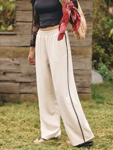 SHEIN Unity Pantalones rectos casuales de mujer con bolsillos, conjunto de pantalones rectos con cintura de cordón y bolsillos, de tela a rayas, para uso casual, cómodos, de estilo bohemio, adecuados para verano y otoño. Pantalones anchos blancos de mujer, pantalones anchos de verano de estilo bohemio para mujer, pantalones de lino con flecos, casuales, para primavera y verano, para salir - Albaricoque - Ver 3