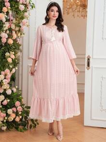 Momance Elegant Knotted Collar Ruffle Hem Maternity Dress For Autumn - Pink - View 4