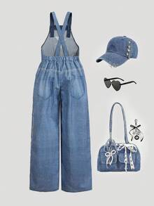 SHEIN Girls' Street-Style Graffiti & Dark Sweet Graphic Print Loose Dungaree Pants, Featuring Cat, Letter, Star, Bow Patterns, Unique Design, Suitable For Casual Occasions, Spring/Summer - Blue - View 2