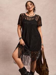 Freevana Đầm ngắn tay phối ren tua rua tương phản cỡ lớn mùa hè cho nữ, đầm boho cho nữ, đầm tua rua đen cho nữ, áo khoác tua rua cho nữ, đầm tua rua đen cho nữ, áo khoác đi biển tua rua cho nữ, đầm ren đen cho nữ, đầm flapper cho nữ, quần áo boho chic cho nữ, trang phục boho cho nữ, đầm boho cho nữ, đầm khoác ngoài đi biển cho nữ, đầm mặc ngoài đi bơi cho nữ. - màu đen - Xem 2