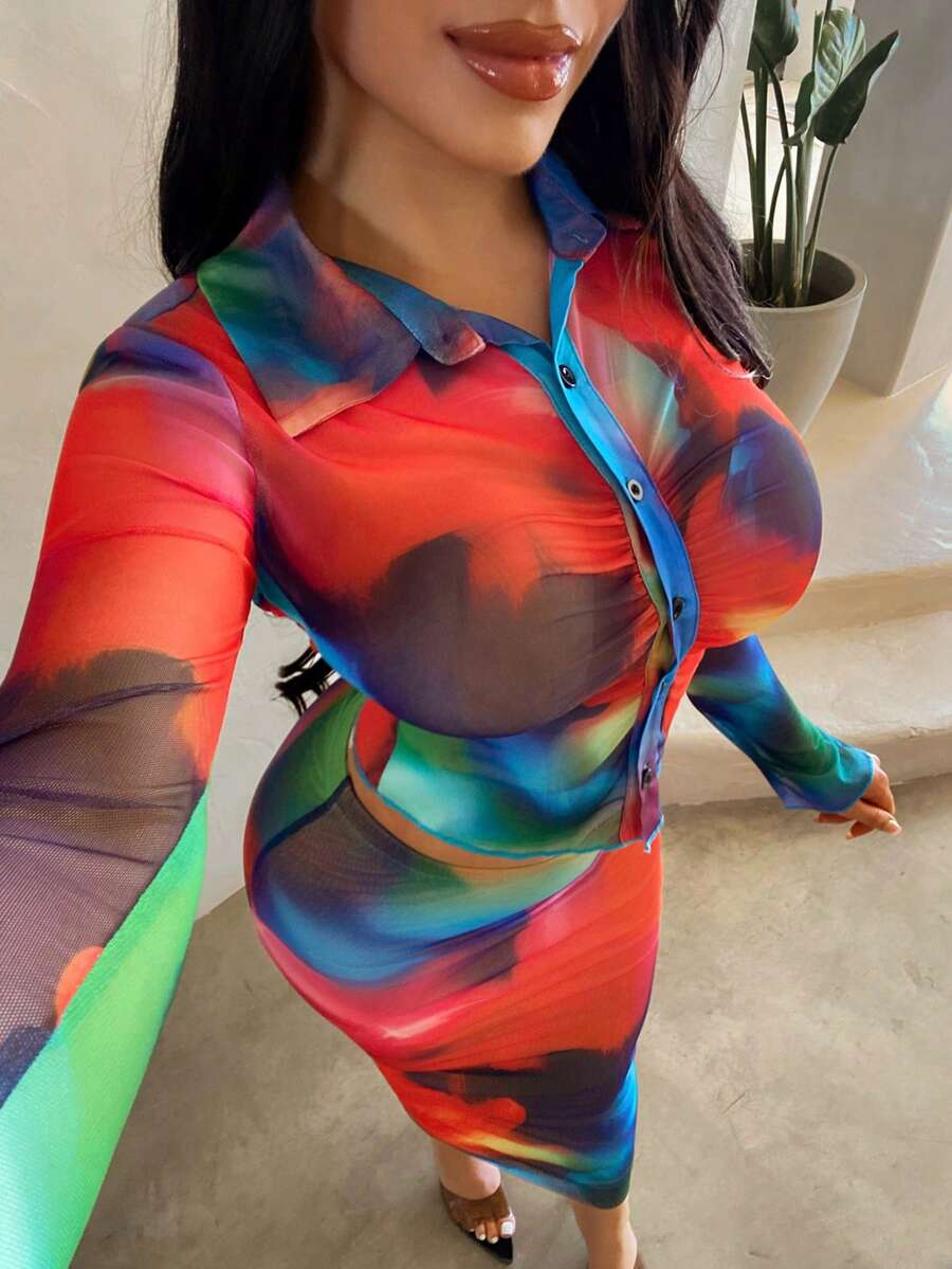 SHEIN SXY All-Over Print Front Button Long Sleeve Top And Mesh Skirt Sexy Vacation Set,Summer ,Spring ,Vacation,Beach,Mesh - Multicolor - View 1