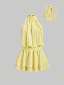 Sweetra Rochie de vacanță elegantă și romantică, tricotată texturată, fără spate, cu bretele și legături, pentru femei, primăvară/toamnă - Galben - Vizualizare 3